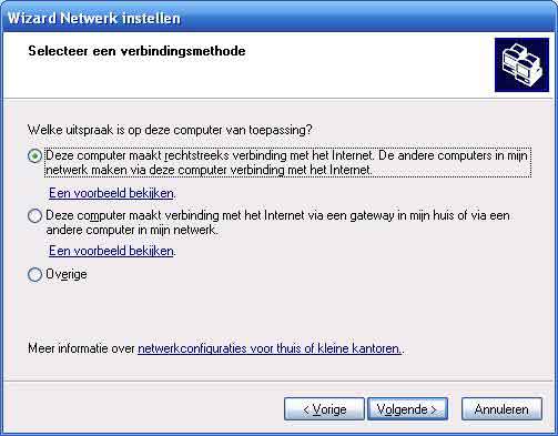 Wizard netwerk instellen, internet